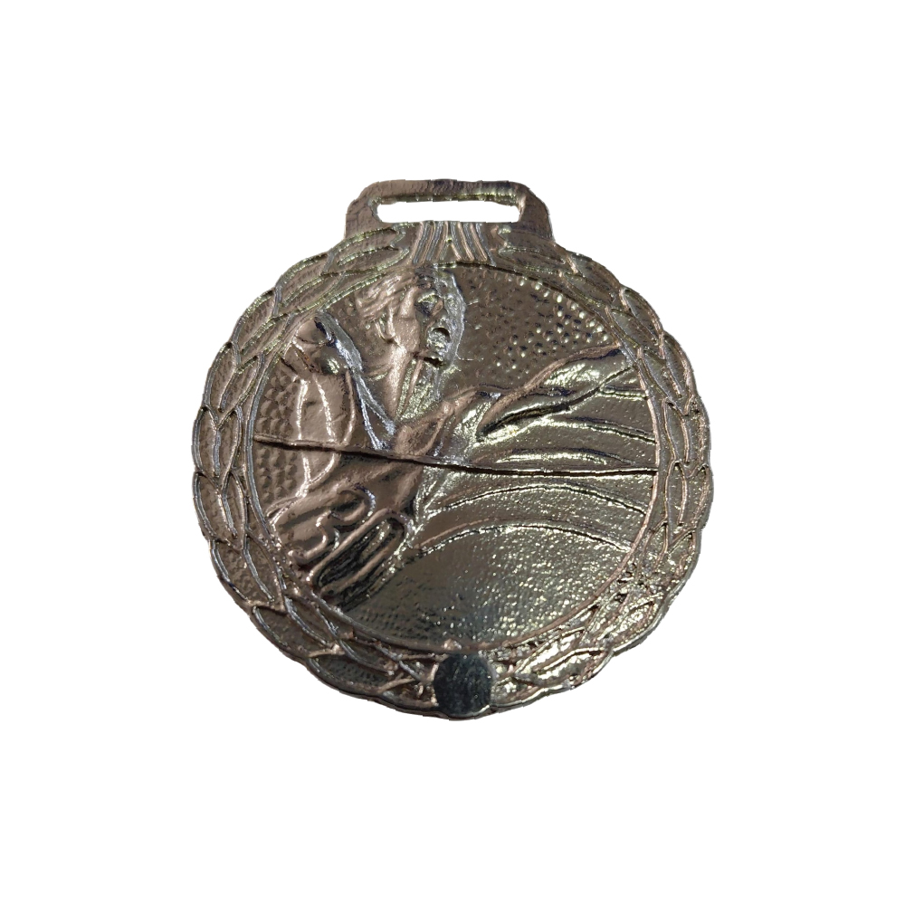 Medalla plata circular atletismo meta hombre medio cuerpo