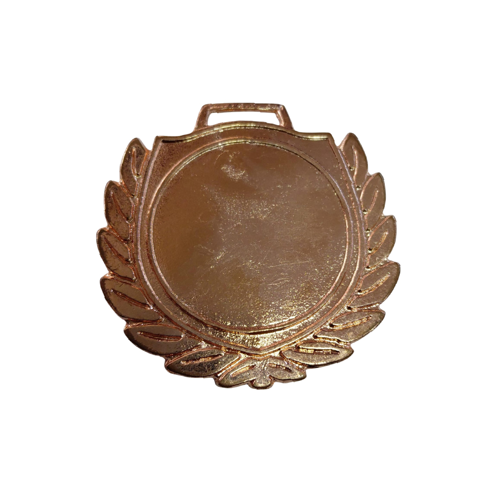Medalla bronce grande forma de escudo con hojas sobresalientes en el borde