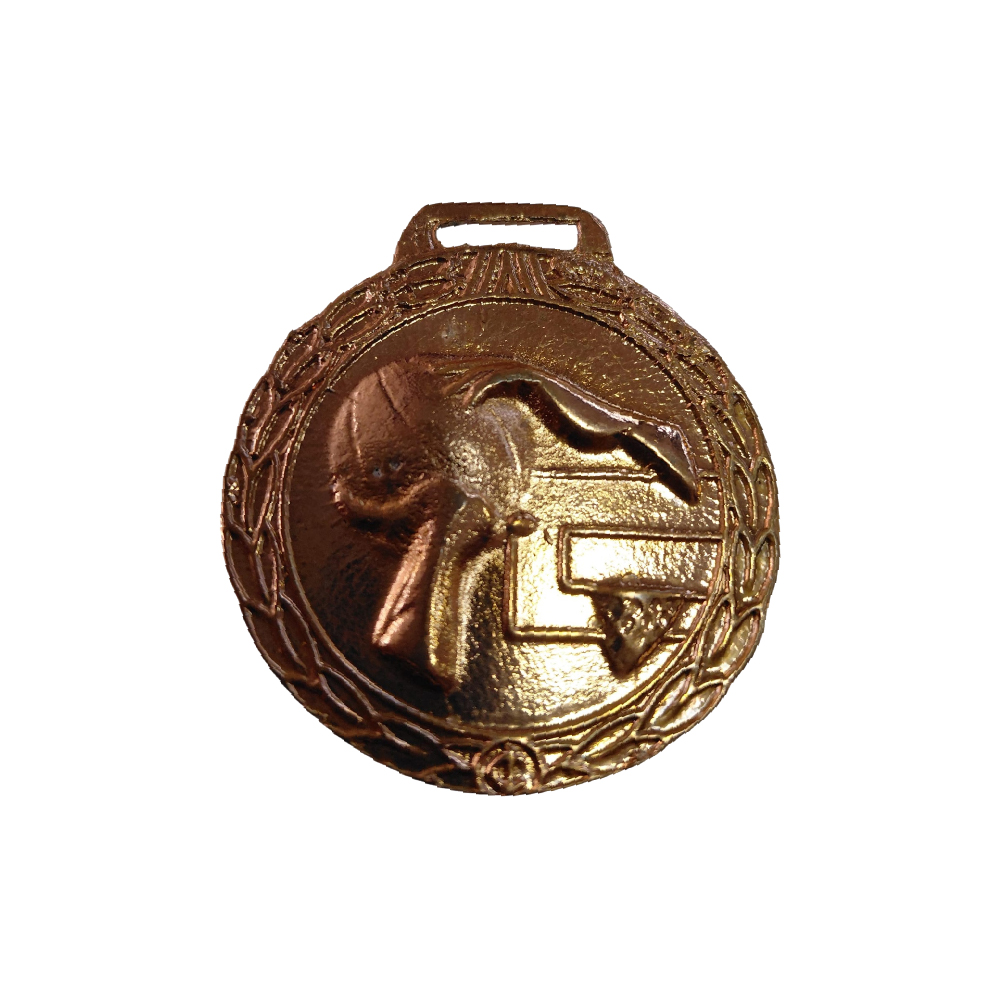 Medalla bronce basquet manos balon borde hojas